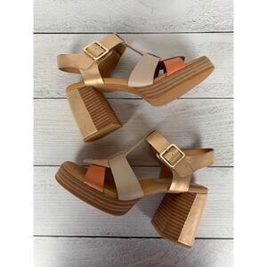 Kork-Ease Women's US 11 Gold Macey Leather Chunky Heels Sandals Shoes NEW In Box